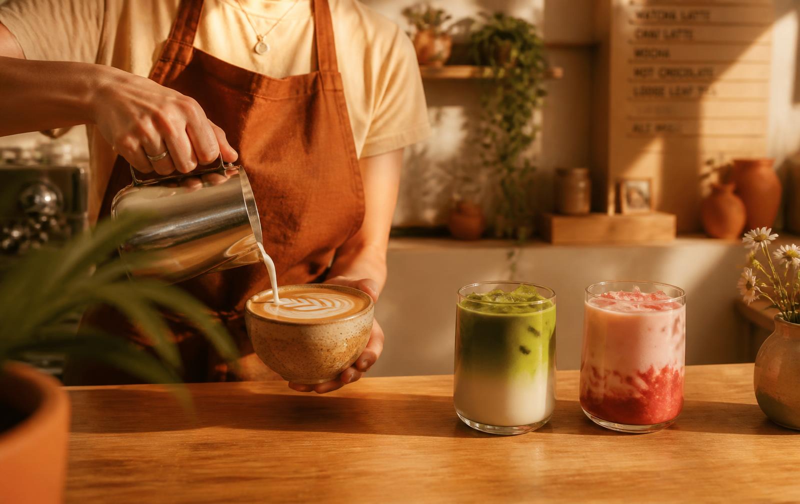 Velem Café barista pouring latte art beside iced matcha drinks on the cafe counter