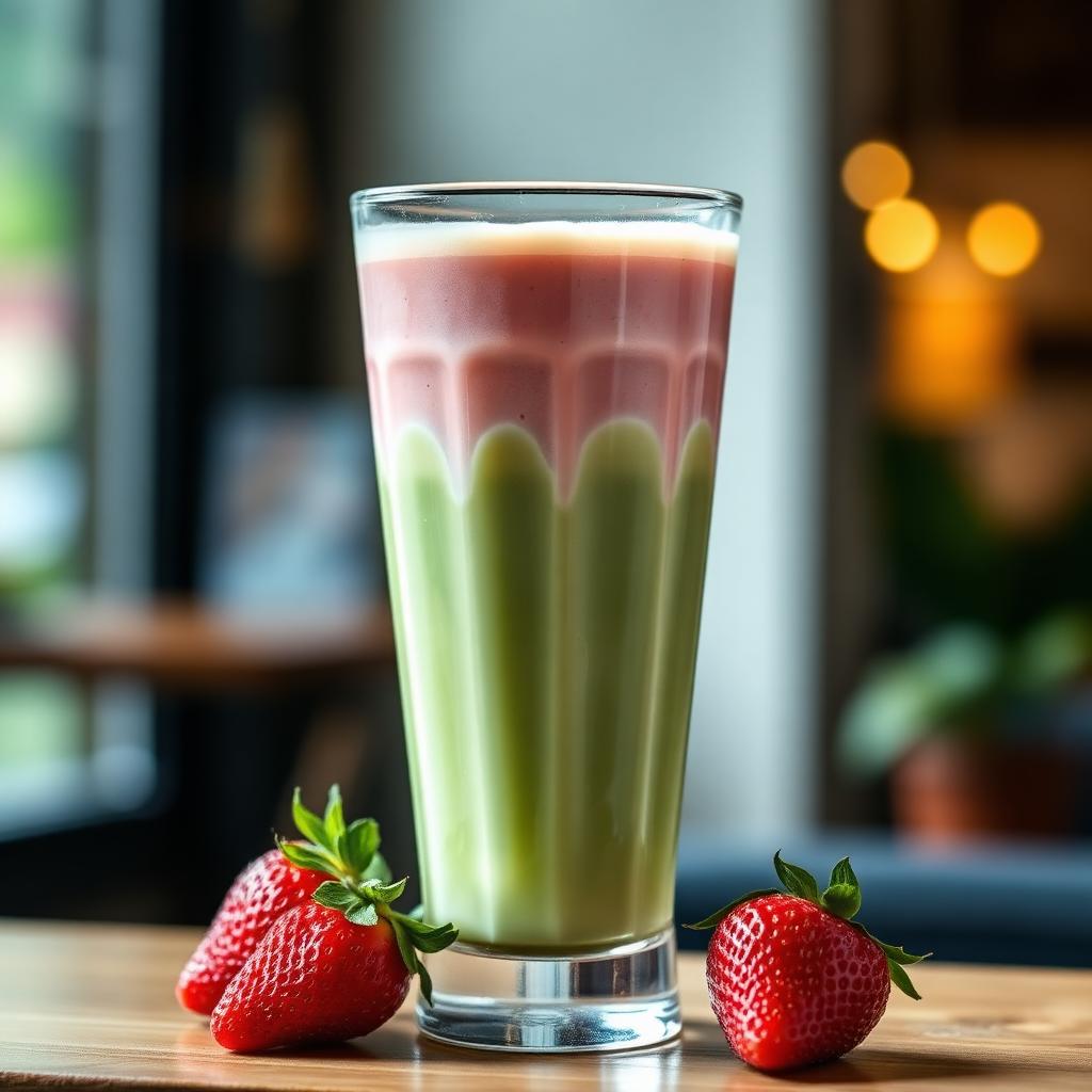 Layered strawberry matcha latte with fresh strawberries